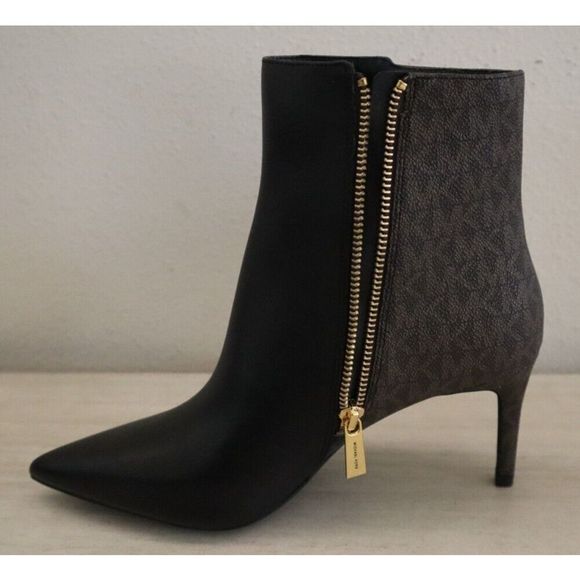 Michael Kors Women Sz 7.5 Black/Brown Logo Print Alina Flex Leather Booties - Picture 12 of 12